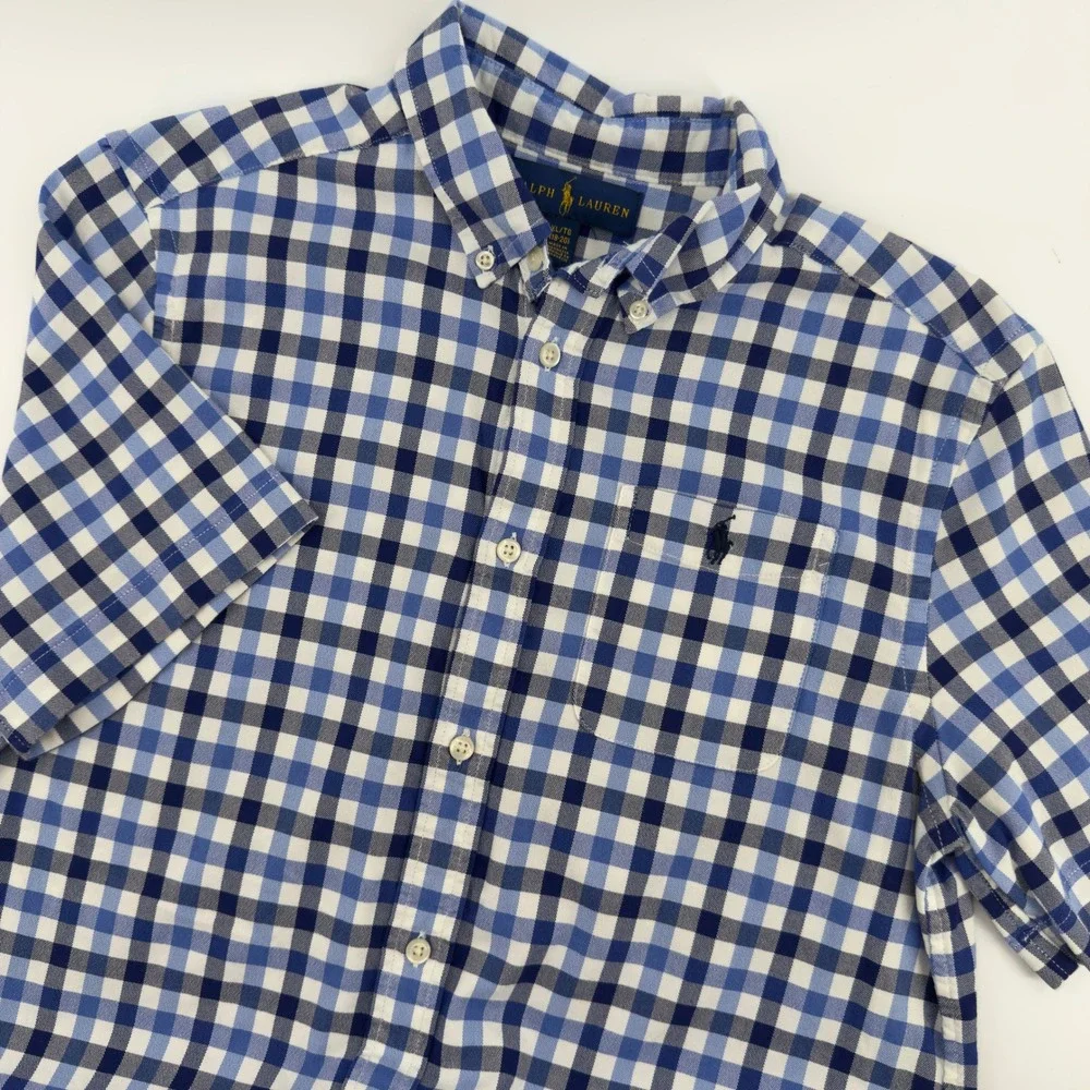 Ralph Lauren Kids Boys‎ Plaid Button Down Shirt XL Gingham Short Sleeve Blue